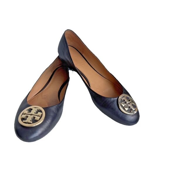 Tory Burch Claire Size 8.5 Black Nappa Leather Gold Tone Ballet Flats - Picture 1 of 12